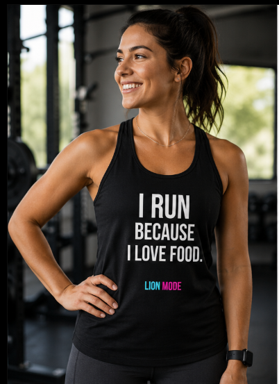 Lion Mode – I Run Because I Love Food Women's Performance Racerback Tank